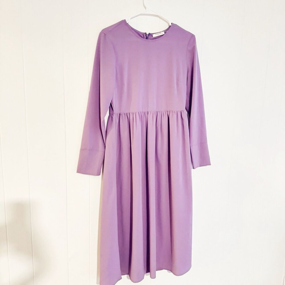 PIECES Women's Purple Long Sleeve Midi Dress Size Small Modest Chic Casual